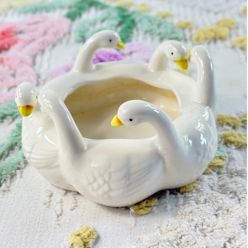 Vintage 1982 Ron Gordon Designs Ceramic Goose Planter Bowl White 6 Geese Korea